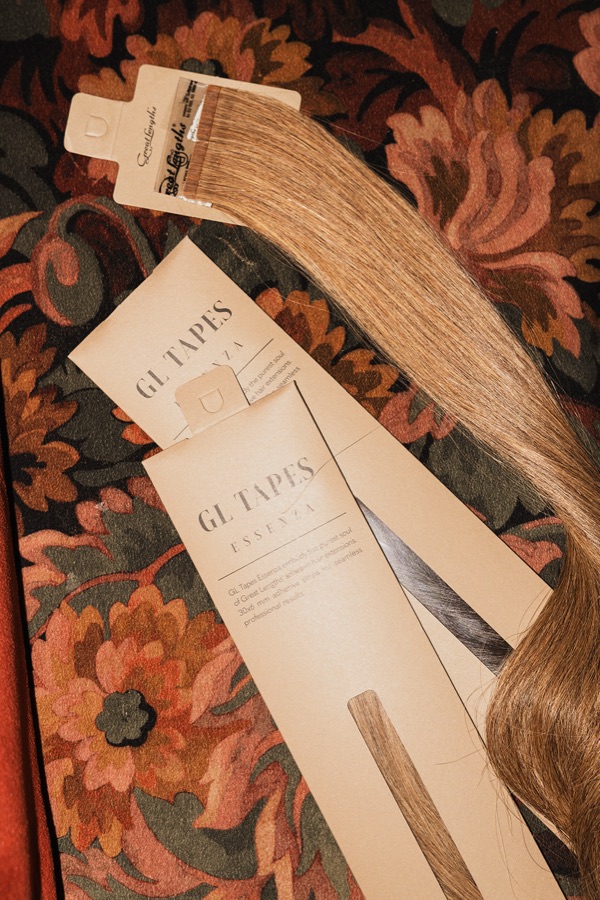 Great Lengths GL Tapes packaging with blonde tape-in extension hair