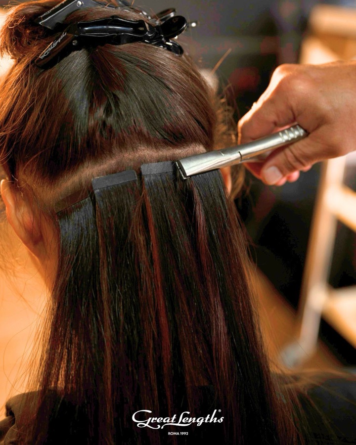 Great Lengths GL Tapes tape-in extensions freshly applied, lying flat against the scalp