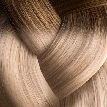 Great Lengths Essenza rooted blend 68-23, soft almond root melting into ash blonde