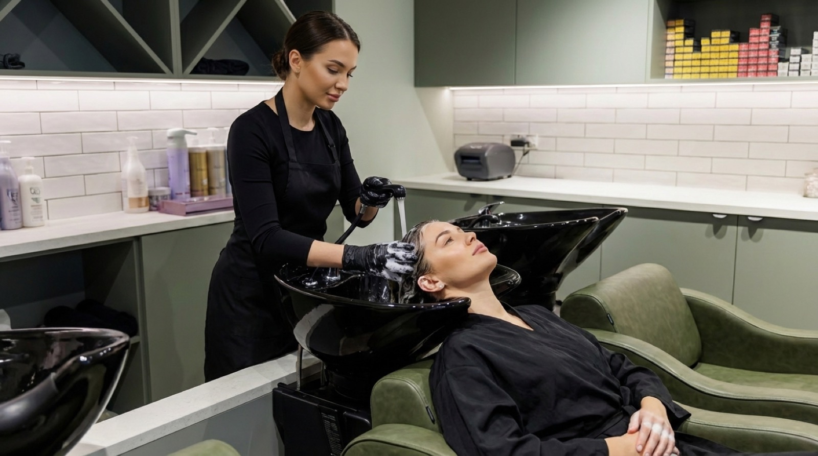Hair Avenue stylist applying Nanoplasty treatment at the wash basin