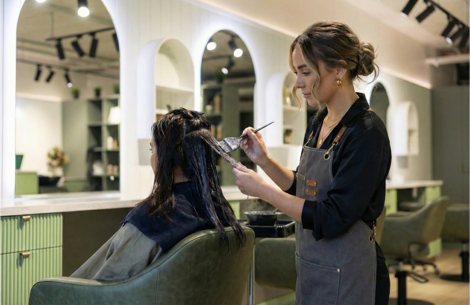 Hair Avenue stylist applying regrowth colour to a client's roots with a tint brush